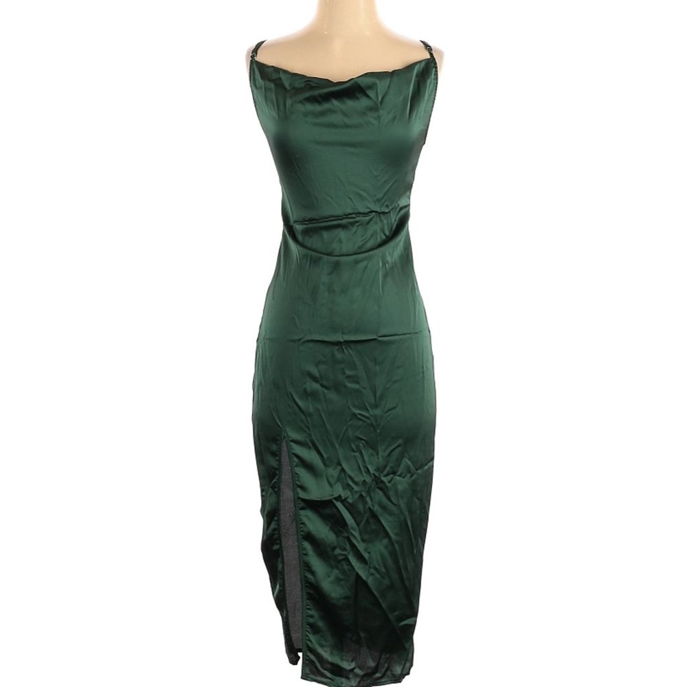 Pretty Little Thing green satin midi dress